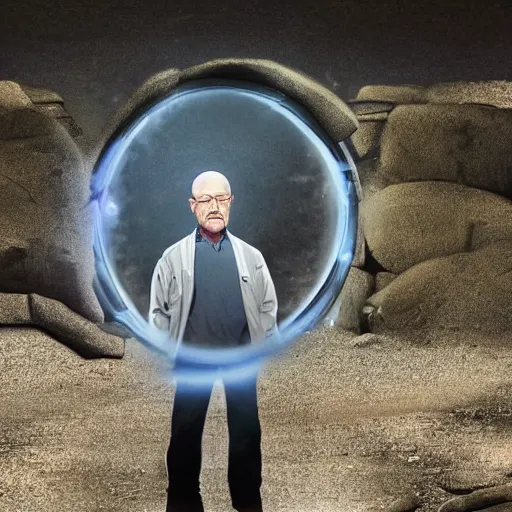 Image similar to Walter white looking through a portal at another Walter