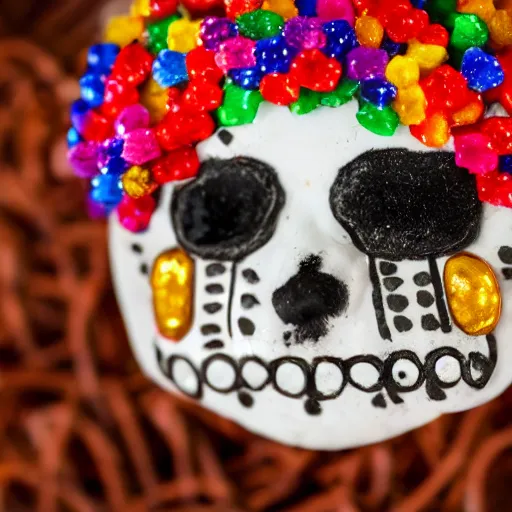 Image similar to mexican sugar skull candy in the shape of a havanese dog, ofrenda, 4 k close up photo, leica, bokeh