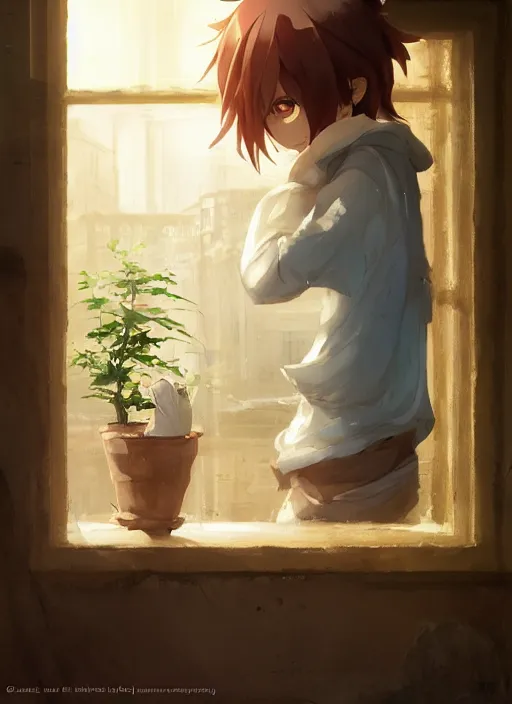 Prompt: a flow in a clay pot on a window sill. sunbeams, atmospheric lighting. by makoto shinkai, stanley artgerm lau, wlop, rossdraws, james jean, andrei riabovitchev, marc simonetti, krenz cushart, sakimichan, d & d trending on artstation, digital art.