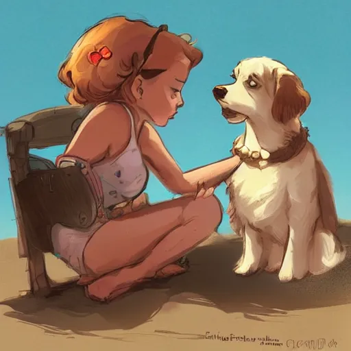 Prompt: girl with a dog sitting by the beach, by brian kesinger and james gurney, artstation