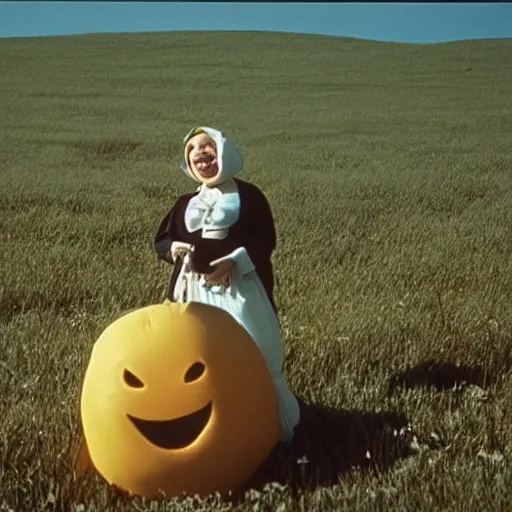 Image similar to an ample woman dressed as a squishy inflatable toy, smiley face, in a meadow, moody film still, terrence malick, 1973 technicolor