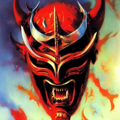 Image similar to demon samurai mask on hell by john berkey, mario feng, mohamed reda