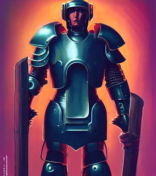 Image similar to a large cyberpunk paladin in rounded heavy plate armor with large shoulder pads and a spartan helmet and a very large shield he is holding a large axe in a cyberpunk setting, 1 9 3 9 omni magazine cover, style by vincent di fate, artgerm, cyberpunk 2 0 7 7, very coherent, detailed, 8 k resolution, unreal engine, daz