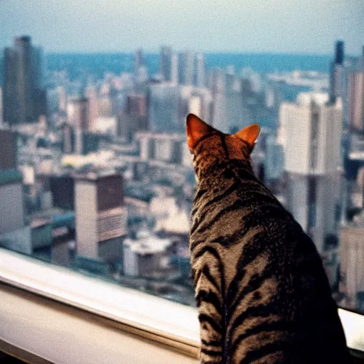 Prompt: a cat wearing a suit, looking out at a skyline from a penthouse suite, cinestill 800t,