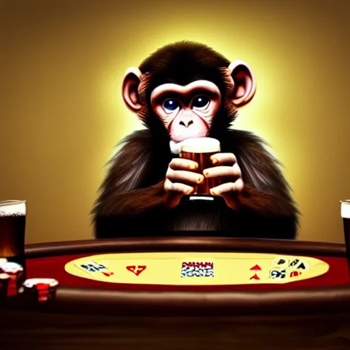 Prompt: Monkey drinking beer playing poker, Hyper Realism, realistic, cinematic lighting, ambient lights, depth of field, perspective,