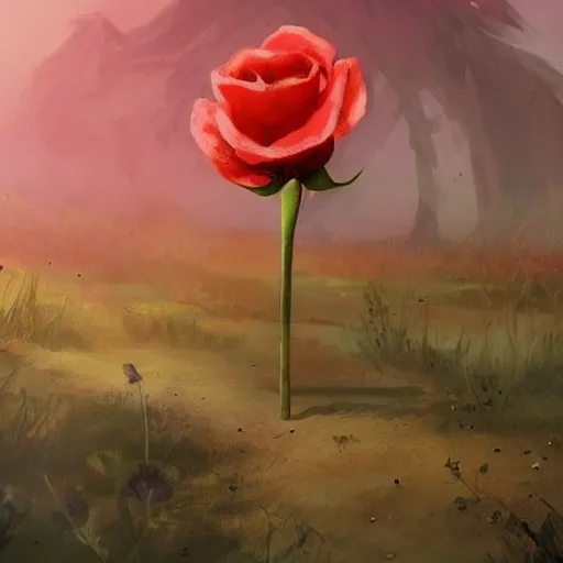 Prompt: a flower in a wasteland, one single flower, red rose, destroyed swampland, dead trees in background, one lone flower, concept art, style of magic the gathering