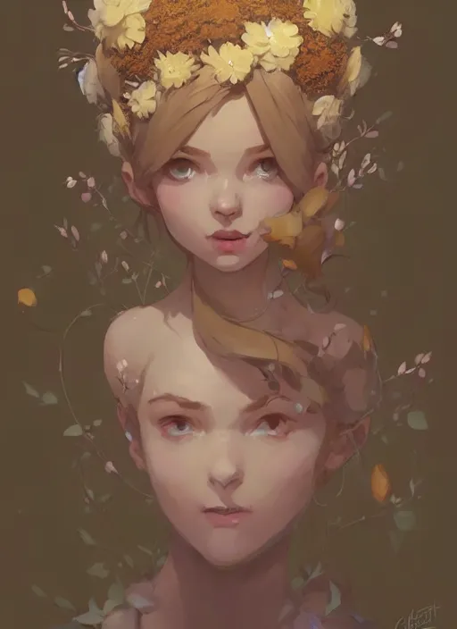 Image similar to portrait of cute fairy girl with crown of flowers fantasy, by atey ghailan, by greg rutkowski, by greg tocchini, by james gilleard, by joe gb fenton, by kaethe butcher, dynamic lighting, gradient light yellow, brown, blonde cream and white color in scheme, grunge aesthetic