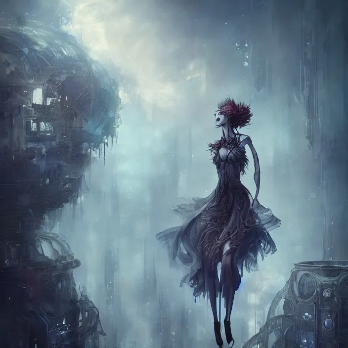 Image similar to detailed, sharp, dreaming humanoid gothic female automata floating above ruined dystopia by Anna Dittmann . digital art. surreal. featured on art station. HD, 8K, highly detailed, good lighting