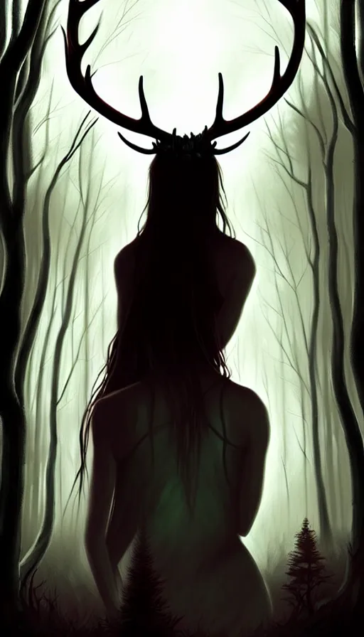 Prompt: a silhouette portrait of a girl with antlers in a forest at night, dark, gothic, fantasy, portrait, figurativism, muted colors, digital painting in the style of bastien lecouffe - deharme, trending on artstation, detailed