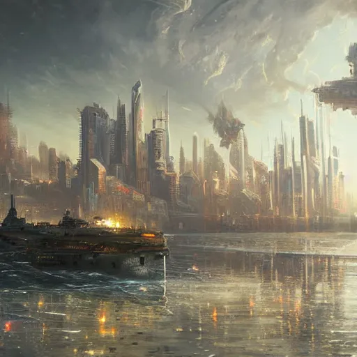 Image similar to a Stunning painting of A cyberpunk city on the sea by Annibale Siconolfi and greg rutkowski,epic lighting,beautiful sky,hyper detailed,Realistic,8K Resolution