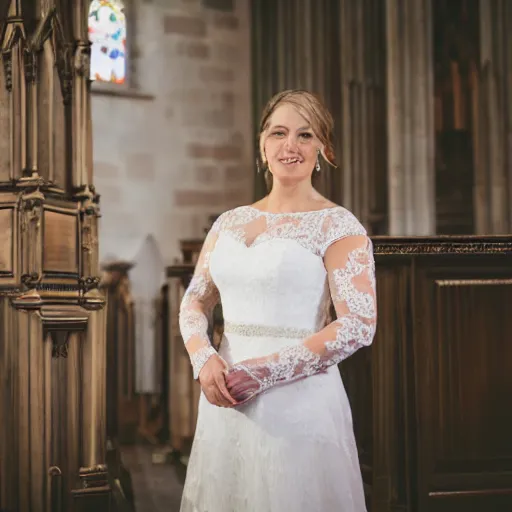 Prompt: a close up portrait of a woman in a wedding dress standing at a church alter