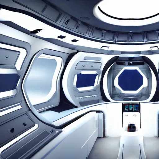 Image similar to flight deck inside a sci-fi spaceship escape pod that is a mind temple for meditation and discovery of secret knowledge. clean white interior, large window to view outer space, raytraced, corona render, 4k