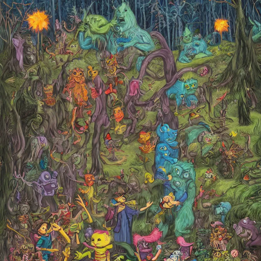 Image similar to a scene of colorful cartoon monsters in the clearing of a dark fantasy forest surrounded by darkness. hyperrealist illustration. muted colors. 1 9 7 0's pulp science fiction and fantasy cartoon for alice in wonderland and wizard of oz. highly detailed and richly colored painting by don ivan punchatz. trending on artstation