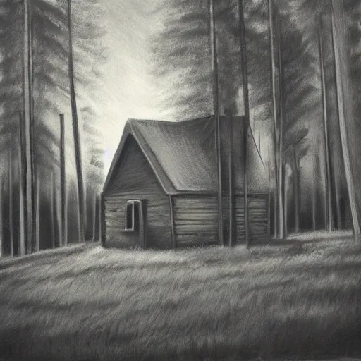 Prompt: a painting of a eerie cabin in the middle of the woods in the style of a charcoal sketch