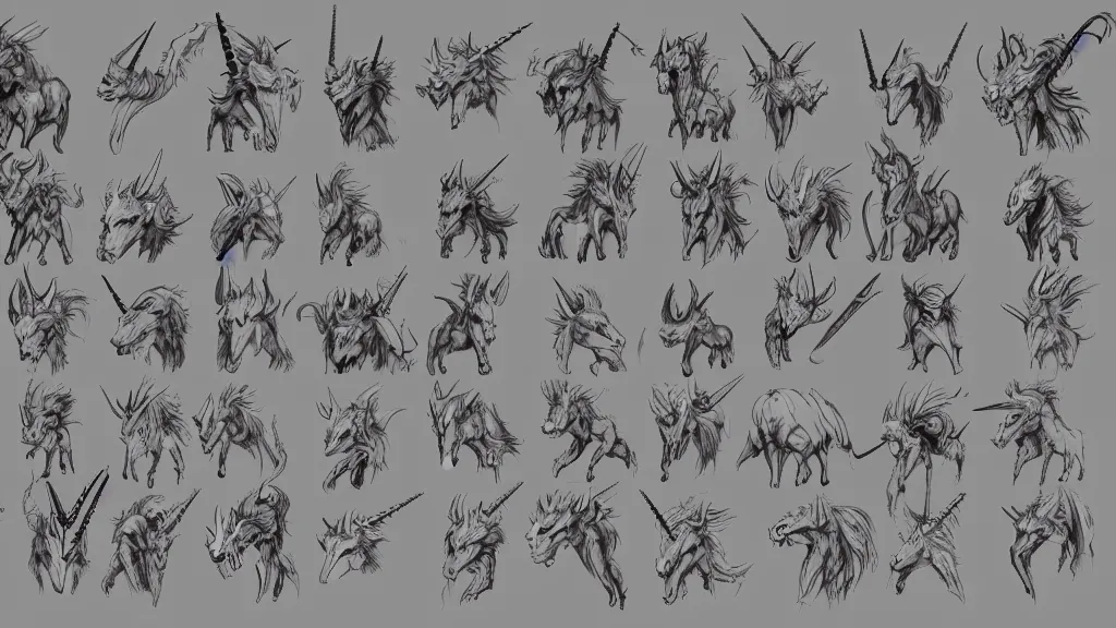 Image similar to a demonic unicorn character design sheet, trending on artstation