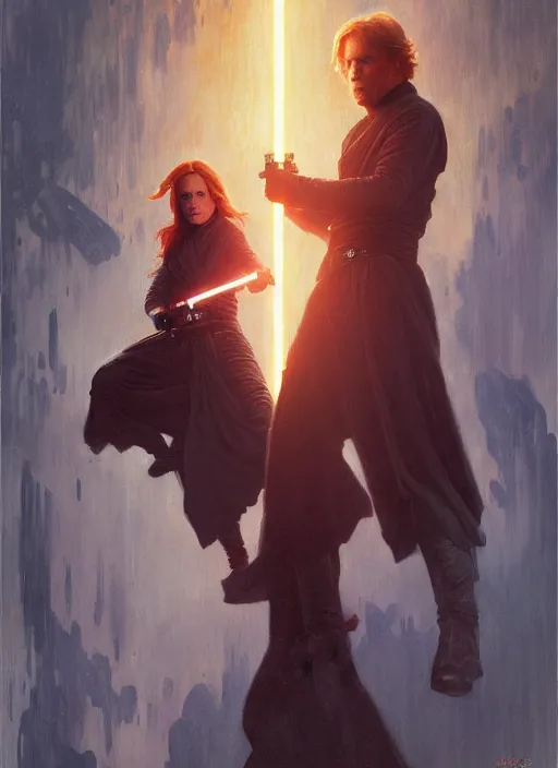 Image similar to mara jade skywalker and luke skywalker ultra detailed, deep focus, intricate painting by greg rutkowski, magali villeneuve and claude monet, trending on artstation