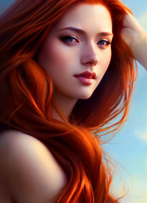 Image similar to a gorgeous female with long auburn hair in the style of stefan kostic, realistic, full body shot, wide angle, sharp focus, 8 k high definition, insanely detailed, intricate, elegant, art by stanley lau and artgerm, floating embers