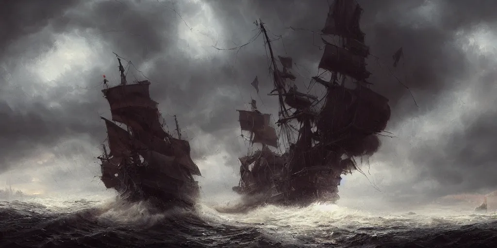 Image similar to A hyper realistic oil painting of a single pirate ship in a storm, dark clouds above, fog, lightning lights the sky, by Greg Rutkowski, hyper detailed, trending on artstation