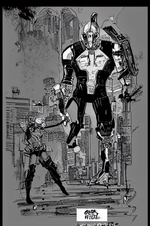 Prompt: ultron standing heroically, a page from cyberpunk 2 0 2 0, style of paolo parente, style of mike jackson, 1 9 9 0 s comic book style, white background, ink drawing, black and white