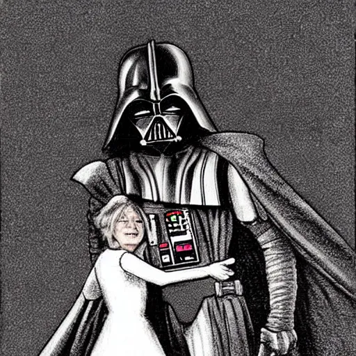 Image similar to a romance novel cover from 1 9 8 3, paperback, drawing, darth vader holding yoda on the cover, romantic