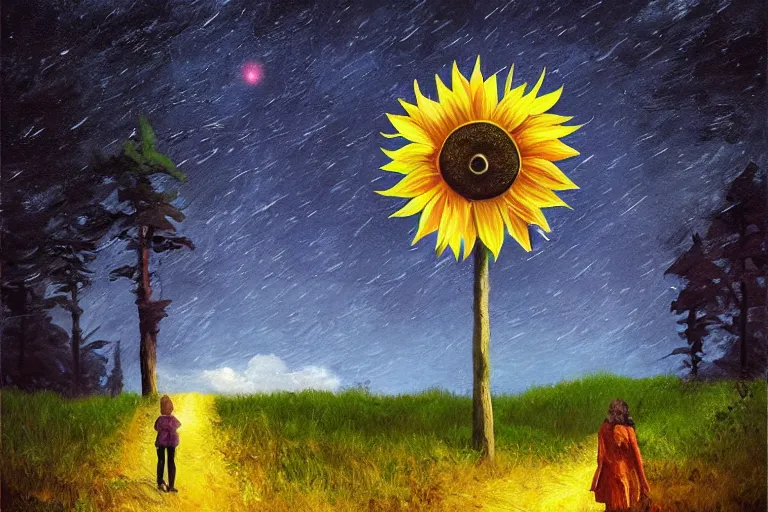 Prompt: giant sunflower as a face, girl walking between trees, hills, surreal photography, dark night, star trails, dramatic light, impressionist painting, clouds, digital painting, artstation, simon stalenhag
