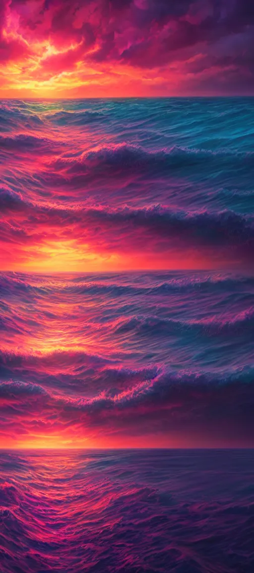 Prompt: a psychedelic sunset over the ocean hyper - realistic, hyper - detailed, high resolution, cinematic composition, octane render, photoreal, high detail, 8 k, artstation trending, photography, hyperrealistic, vray renderer, cgsociety, artwork by tooth wu, colorful contrast, very coherent, thick lineart