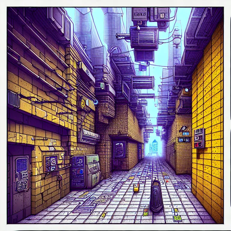 Image similar to an absurdly-detailed isometric cyberpunk alleyway colored-pen drawing as a fancy square tile