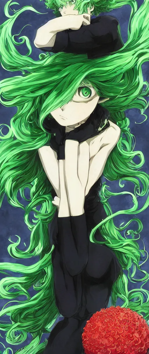 Prompt: full body portrait art of tatsumaki from one punch man, art by kuvshinov ilya, intricate, sharp focus, very detailed, warm colors, vibrant colors, detailed face, tatsumaki with green curly hair