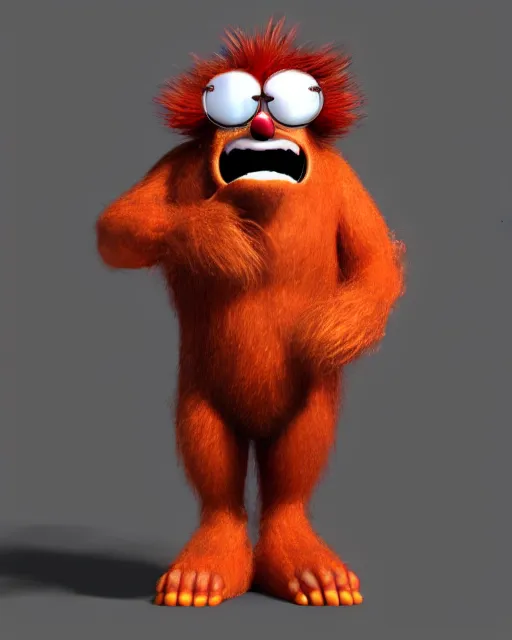 Image similar to 3 d render of completely red hairy friendly antropomorphic creature wearing chrome shades, without nose and small grin, full body, standing on 2 feet, in the style of pixar, white background, unreal engine 5, octane render, highly detailed hdr