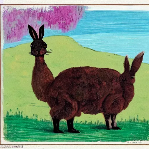 Image similar to a rabbit and an alpaca in love in the style of gifford beal