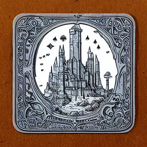 Image similar to square sticker of minas tirith by Joe fenton and Mike mignola