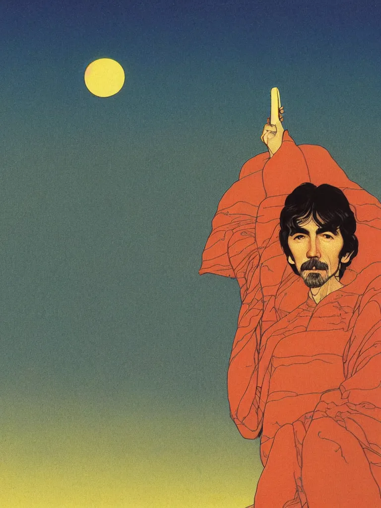 Prompt: a closeup portrait of george harrison, taking mind altering drugs, a blotter paper of lsd acid and dreaming psychedelic hallucinations in a vast desert landscape, by kawase hasui, moebius, edward hopper, colorful flat surreal design, dramatic lighting, hd, 8 k, artstation