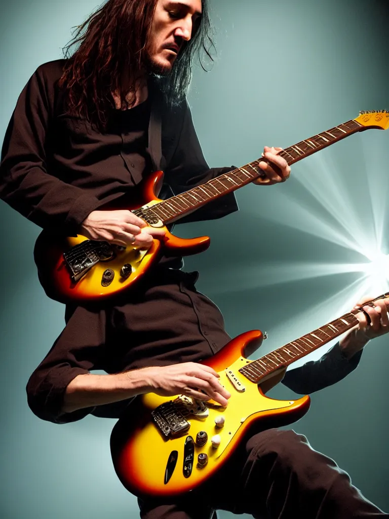 Image similar to John Frusciante playing a sunburst strat in the fourth dimension