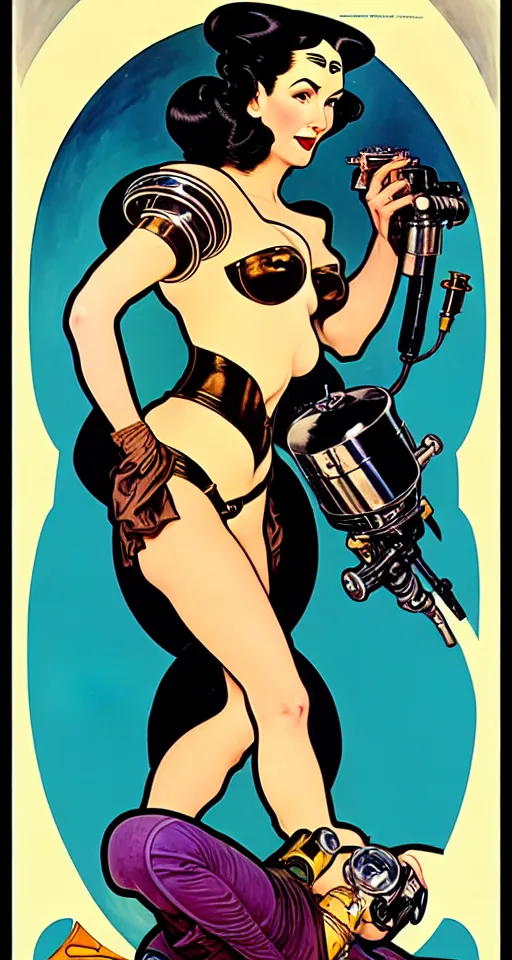 Image similar to a retro future science fiction pinup illustration of dita von teese, alphonse mucha, alberto vargas, gil elvgren, diesel punk.