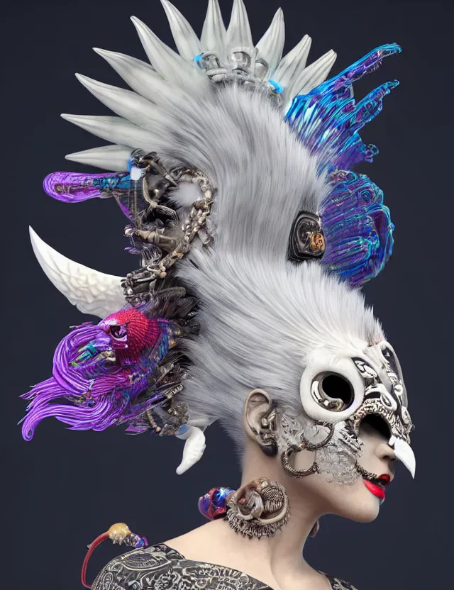 Image similar to 3 d goddess close - up profile portrait punk with mohawk with ram skull. beautiful intricately detailed japanese crow kitsune mask and clasical japanese kimono. betta fish, jellyfish phoenix, bio luminescent, plasma, ice, water, wind, creature, artwork by tooth wu and wlop and beeple and greg rutkowski