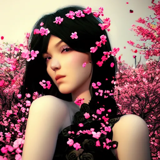 Image similar to beautiful girl in a dress made of black roses and cherry blossoms, beautiful portrait, symmetrical, character concept style trending on artstation concept art detailed octane render cinematic photo - realistic 8 k high detailed