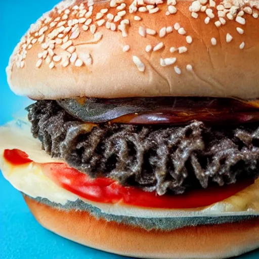 Prompt: closeup a very strange old hambuger dirty with mold atop a table