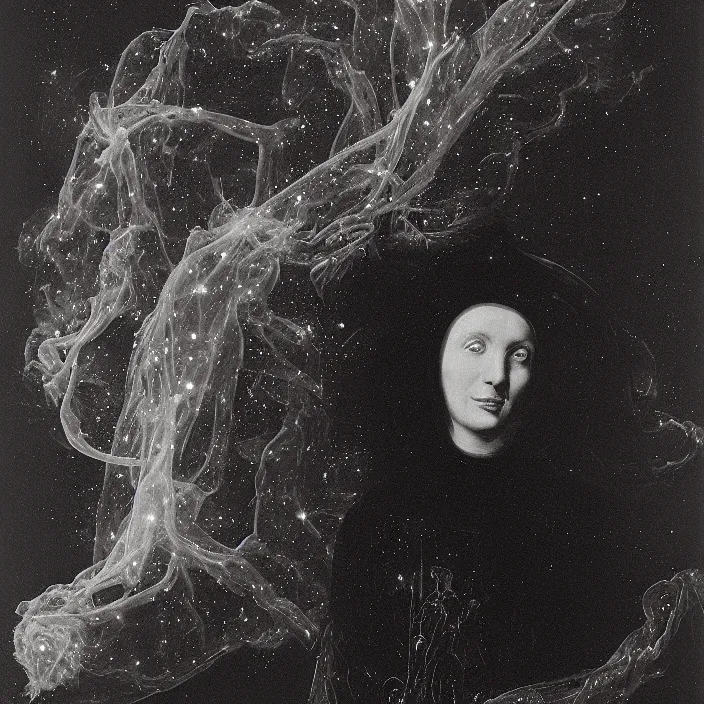 Image similar to a closeup portrait of a cloaked woman floating next to an eel nebula, eel nebula, by jan van eyck