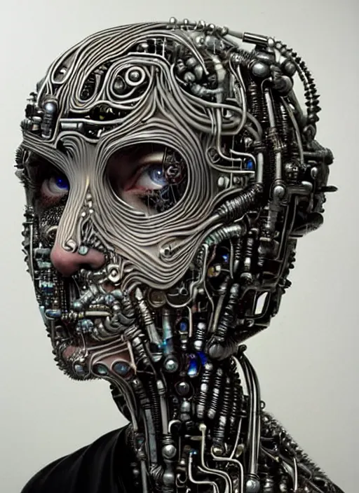 Prompt: biopunk cyborg portrait by julie bell, intricate biopunk patterns, glass tubing, detailed!, very sharp!!!