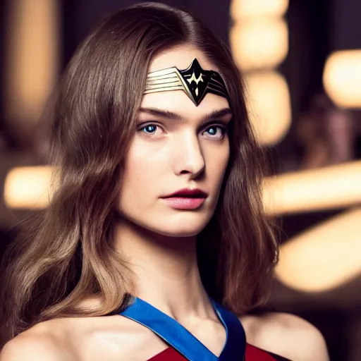 Image similar to A beautiful portrait of Daria Strokous as Wonder Woman and a model at Maybelline fashion show as a model Spring/Summer 2018, highly detailed, in the style of cinematic, Milan fashion week backstage, Extreme close up, Makeup by Pat McGrath, Hair by Guido Palau, Greg rutkowski