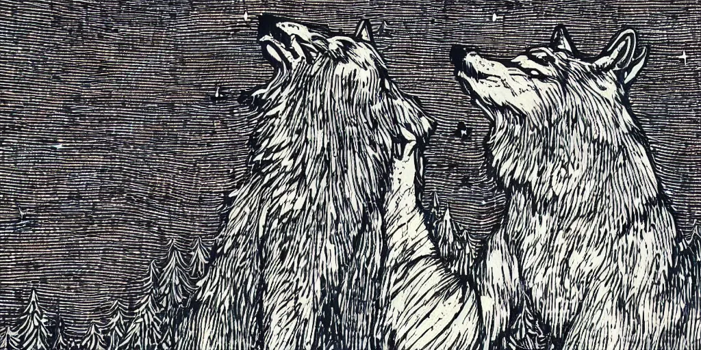 Image similar to anthropomorphic furry wolf inside a giant tower that tracks the stars and planets, woodcut