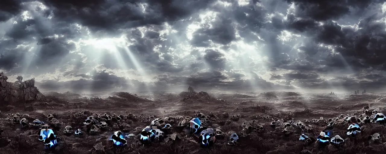 Image similar to post-apocalyptic landscape with skulls everywhere, beautiful clouds, sunrays, cinematic, cineovision