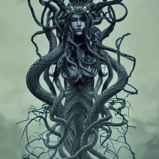 Image similar to dramatic portrait of the dark queen of snakes, wearing a crown of thorned vines, blue skin, wrapped in snakes, realism, dark fantasy illustration, surrounded by twisting forest, dynamic lighting, detailed textures, octane render, artstation