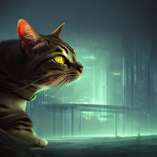 Image similar to moody atmospheric render of a cyborg cat with a chartreuse and teal color scheme by leon tukker