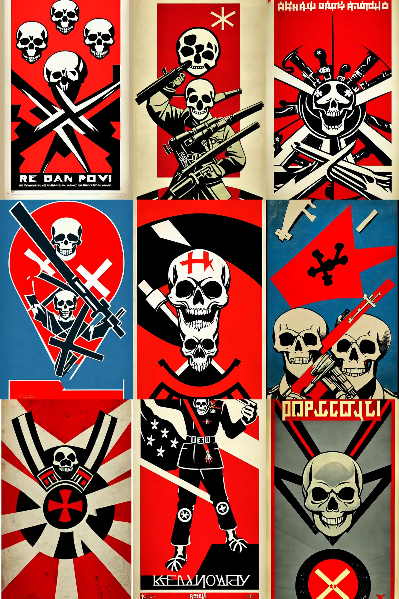 Prompt: a wwii soviet propaganda poster of the soviet flag with skull and crossbones by rei kamoi and dan mumford and robin eley