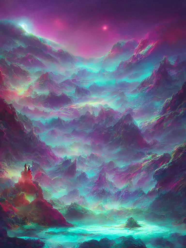 Prompt: a psychedelic landscape at the edge of the known universe, astral beings sharing love!!!!, in the style of greg rutkowski! and wlop and lisa frank! and bob ross!!! and ruan jia, illustration, epic, fantasy, hyper detailed, smooth, chromatic, iridescent, subsurface scattering