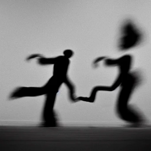 Image similar to an abstract photograph of two male shadowy figures, motion blur, 35 mm, black-and-white