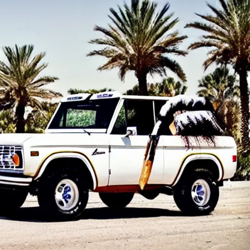 Image similar to white ford bronco, burning palm trees, knife, ski mask*