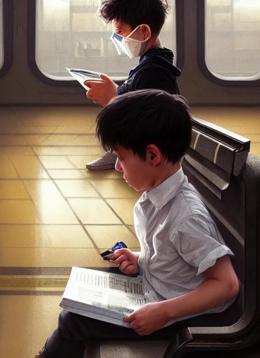 Prompt: perfectly - centered - portrait of a kid sitting on an empty subway reading magazine, the magazine covered his face, intricate, highly detailed, digital painting, artstation, concept art, smooth, sharp focus, illustration, unreal engine 5, 8 k, art by artgerm and greg rutkowski and alphonse mucha