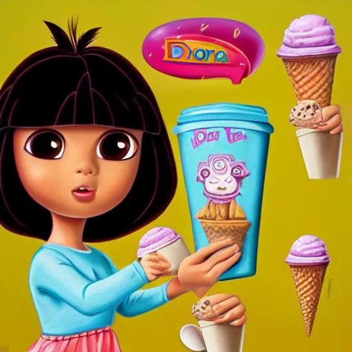 Prompt: dora the explorer as real girl holding ice cream, in lowbrow style, Pop Surrealism digital art by Mark Ryden and Todd Schorr, artstation